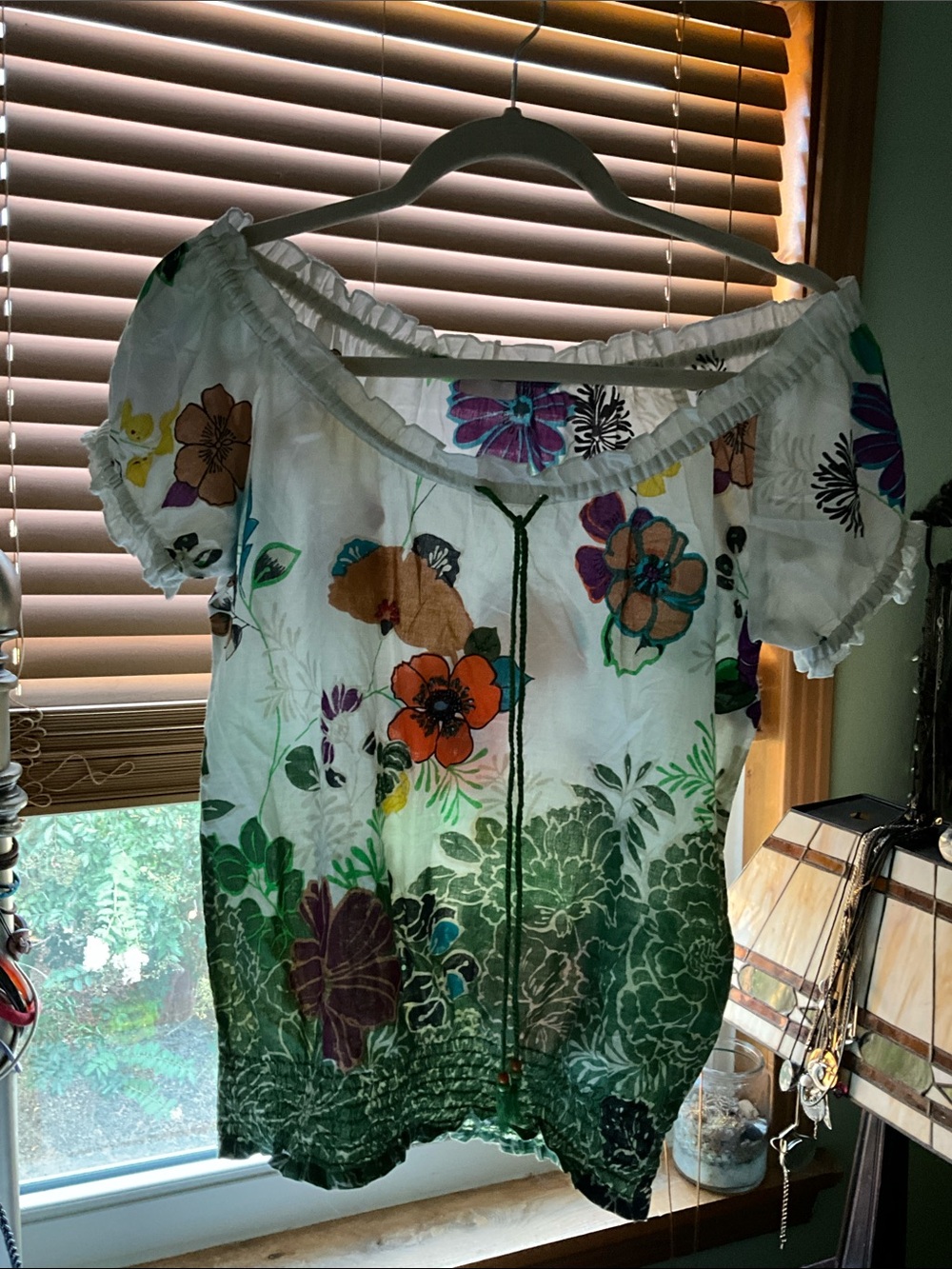 Floral Print Green & White Smocked Waist Boho Beaded Top Sz M